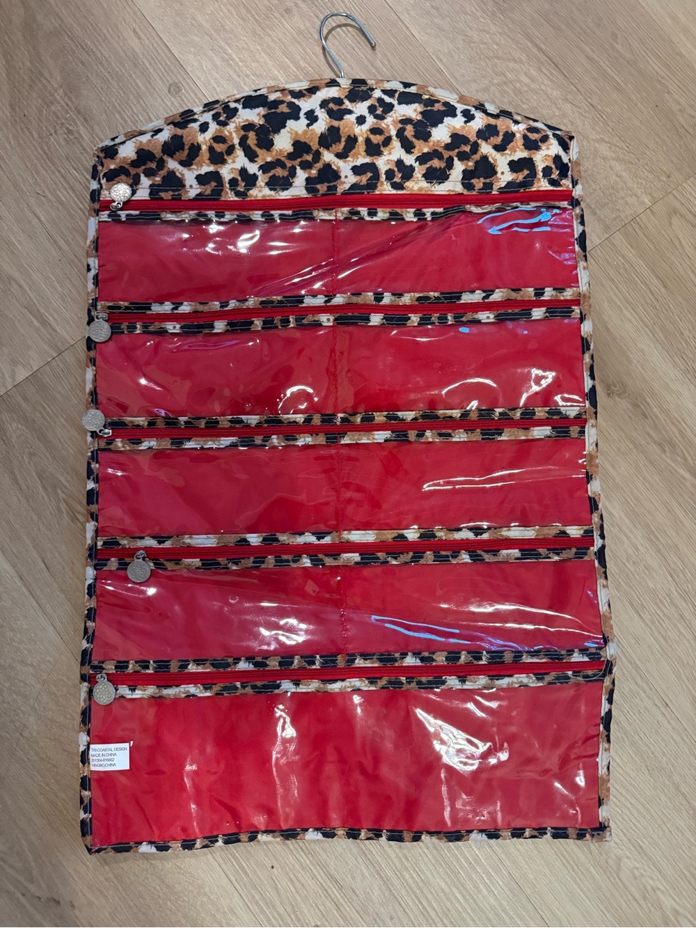 Hanging Travel Organizer Pouch in Red with Leopard Trim